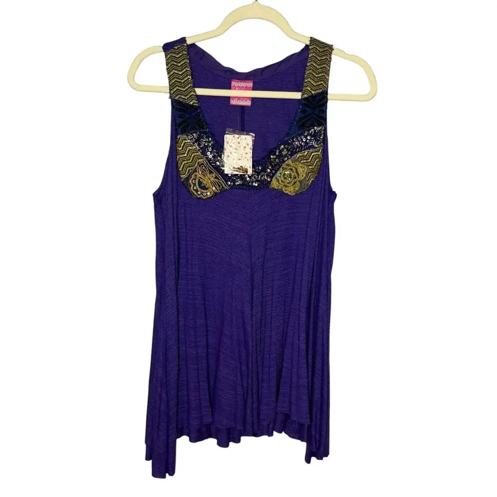 Y2K Free People Women's Purple Sequin Shark Bite Hem Tank Top Size Large - Picture 1 of 9